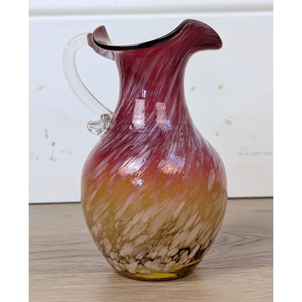 Murano Style Art Glass Pitcher Creamer 5" Cranberry Amber Spatter Hand Blown - Picture 2 of 10